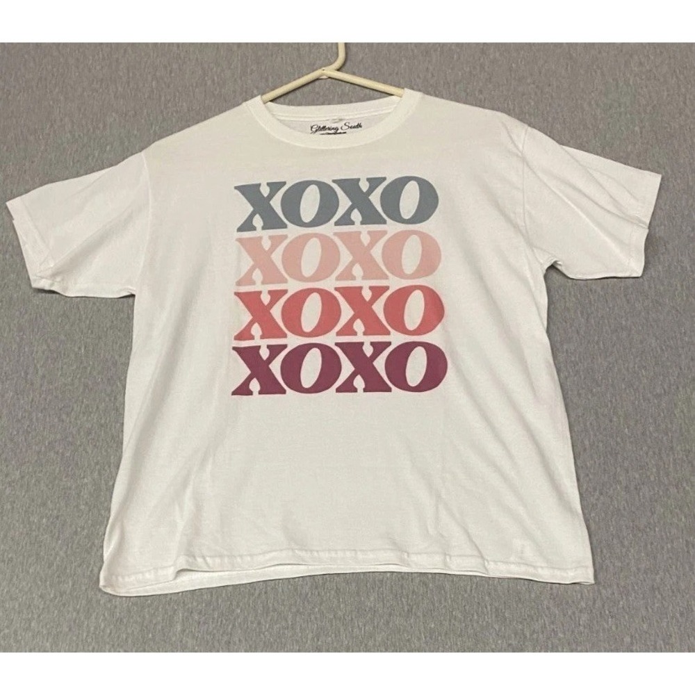 Glittering South XOXO T Shirt Boys Large White Spellout Graphic Print Crew Neck